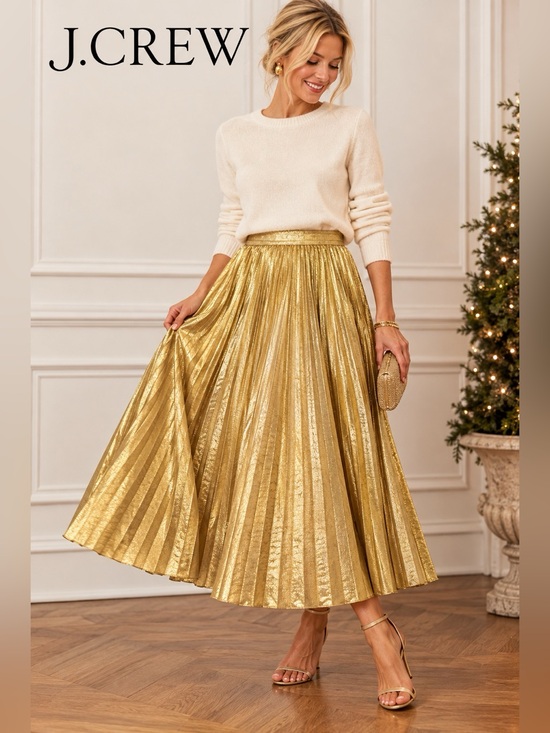 J. Crew Factory Dresses & Skirts - J.Crew Gold Metallic Pleated Midi Skirt Size 4 | Holiday Party Glam